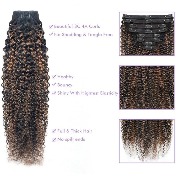 FB30 Highlight Ombre Curly Clip In Extension Human Hair 3C 4A Kinky Curly Clip Ins Full Head for Black Women Brazilian Remy Human Hair Balayage Brown 8Pcs with18clips 120g/Set (14 inch)