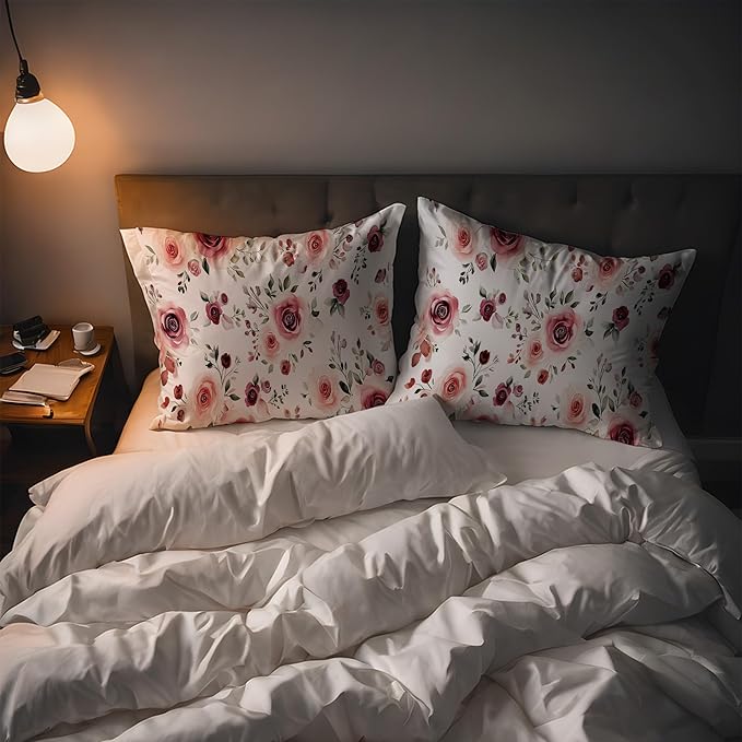 Satin Pillowcase Rose Flowers and Leaves Similar to Silk Pillow Cases for Hair and Skin, 1 Pack Soft Smooth Breathable Cool Pillow Cases, Standard Size with Hidden Zipper 20" x 26"