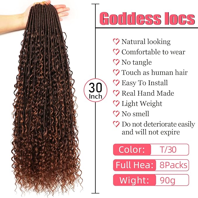 Goddess Locs Crochet Hair-30 Inch 8 Packs Boho Faux Locs Crochet Hair for Black Women Pre Looped Soft Locs with Curly Ends (T30, 30 Inch(Pack of 8))