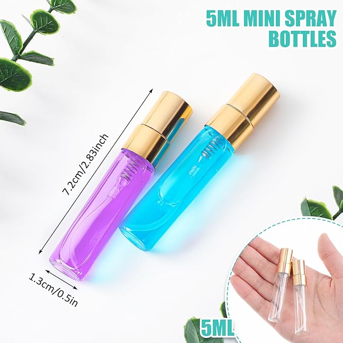 Zhehao 100 Pcs Mini Spray Bottles 5 ml Clear Glass Perfume Bottles Refillable Fine Mist Perfume Atomizer Portable Empty Sample Containers for Cleaning, Essential Oils, Travel (Gold Cap)