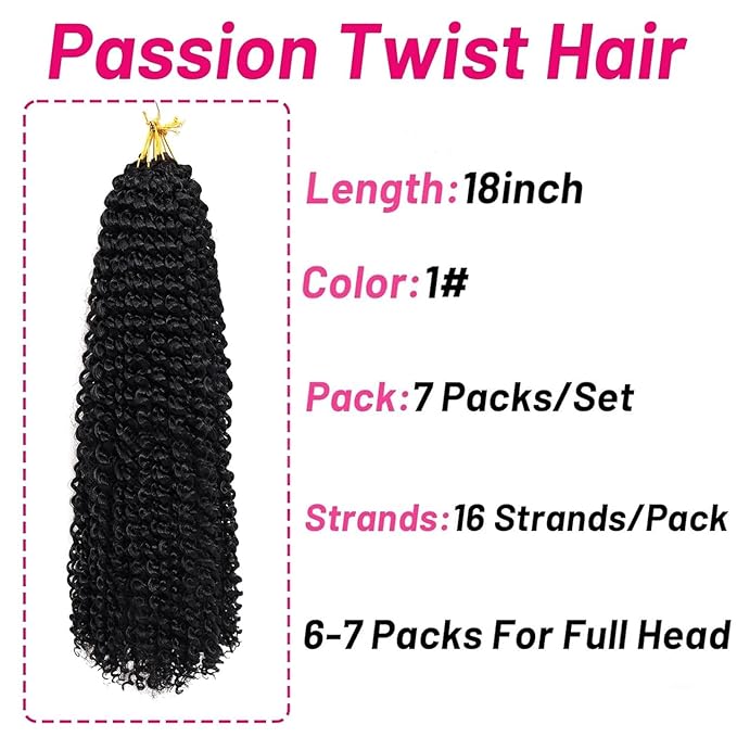 Dorsanee Black Passion Twist Hair 18 Inch 7 Packs Water Wave Crochet Hair Long Bohemian Curly Braiding Hair for Butterfly Locs, Faux Locs, Boho Style Spring Twist Crochet Braids (1#)