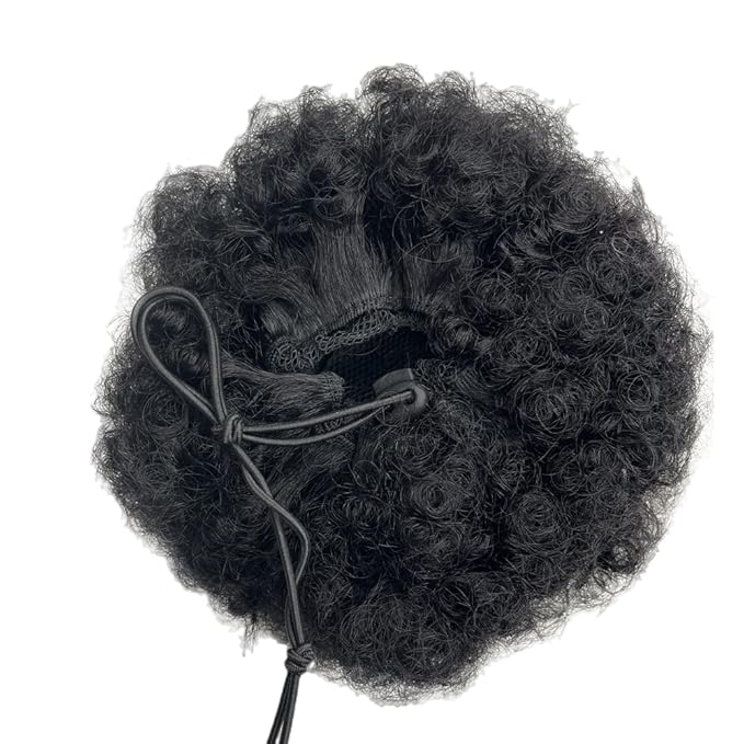 Real Human Hair Afro Kinky Curly Puff Drawstring Ponytail High Puffs Drawstring Bun 2 Clips in Hairpieces Updo Donut Chignon Short Curly Hair for Black Women (6 inch)