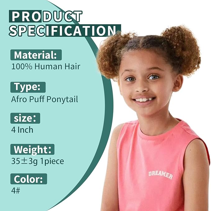 Afro Puff Ponytail for Black Women 100% Human Hair Ponytail Extension Short Updo Hair Buns Small Size Curly Ponytail for Little Girls 2 Clips 4 Inch Medium Brown Color