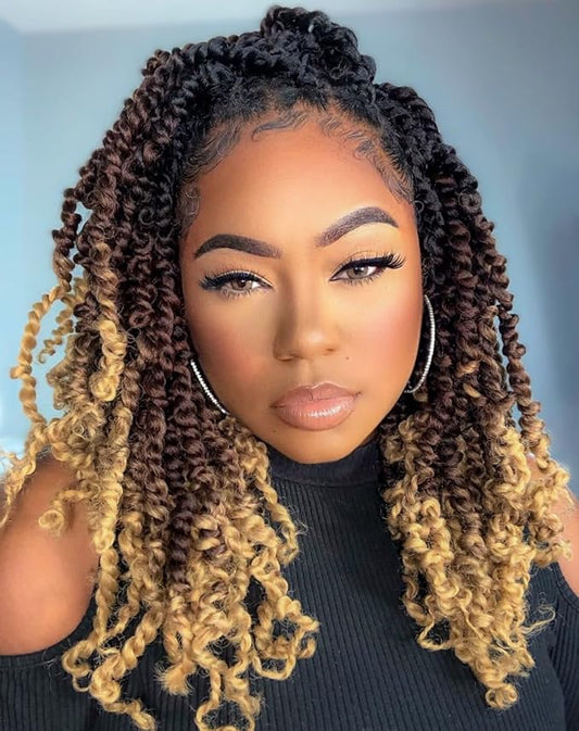 ZRQ Short Passion Twist With Bohemian Hair 12 Inch 8 Packs Ombre Brown Pre-twisted Crochet Passion Twists Synthetic Braiding Hair Curly Ends Braids Twist Hair for Black Women 12 Roots/Pack 1b3027#