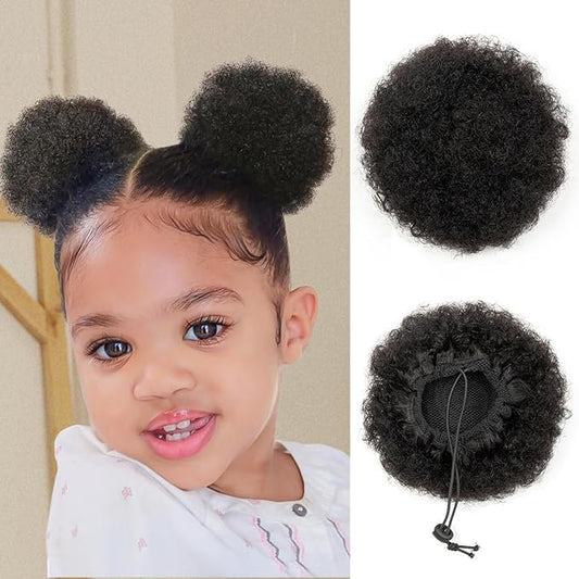 isheeny Afro Ponytail Small Afro Hair For Baby 4 Inch Black Afro Puff Drawstring Ponytail Human Hair 1 PIECES For Children Authentic And Stylish Hairpiece, Afro Curly Puff Style