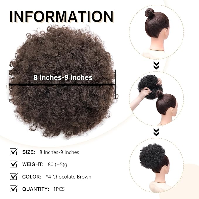 AISI QUEENS Synthetic Afro Puffs Drawstring Ponytail Medium Brown Bun Hairpieces Updo Hair Puff Clip On Short Kinky Curly Hair Large Size(4#)
