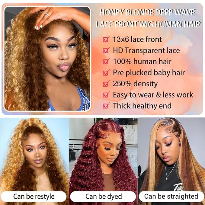 MEGOOD 250% Density 13x6 Highlight Ombre Lace Front Wig Human Hair 13x6 HD Honey Blonde 4/27 Curly Wig Human Hair Pre Plucked Deep Wave Lace Front Wigs Human Hair Colored Wigs 28Inch