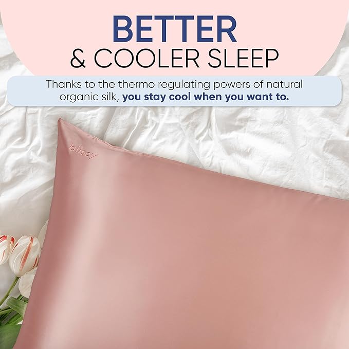 Blissy Silk Pillowcase - 100% Pure Mulberry Silk - 22 Momme 6A High-Grade Fibers - Silk Pillow Cover for Hair & Skin - Regular, Queen & King (Rose Gold, Queen)