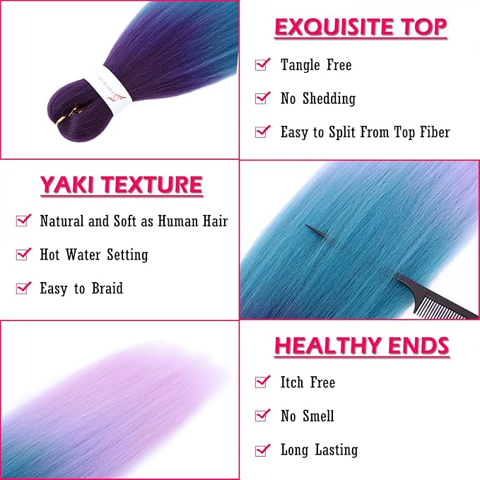 Dorsanee 3 Tone Braiding Hair Pre Stretched 24 Inch 3 Packs Braiding Hair Extensions for Box Braids Twists Locs Hair Soft Yaki Texture Hot Water Setting (#Purple/Lake Blue/Light Purple)