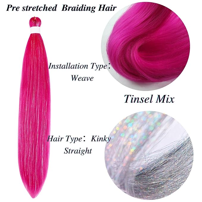 Tinsel Braiding Hair Pre stretched Meganta Pink Braiding Hair for Glitter Braids Festival Braids Cosplay