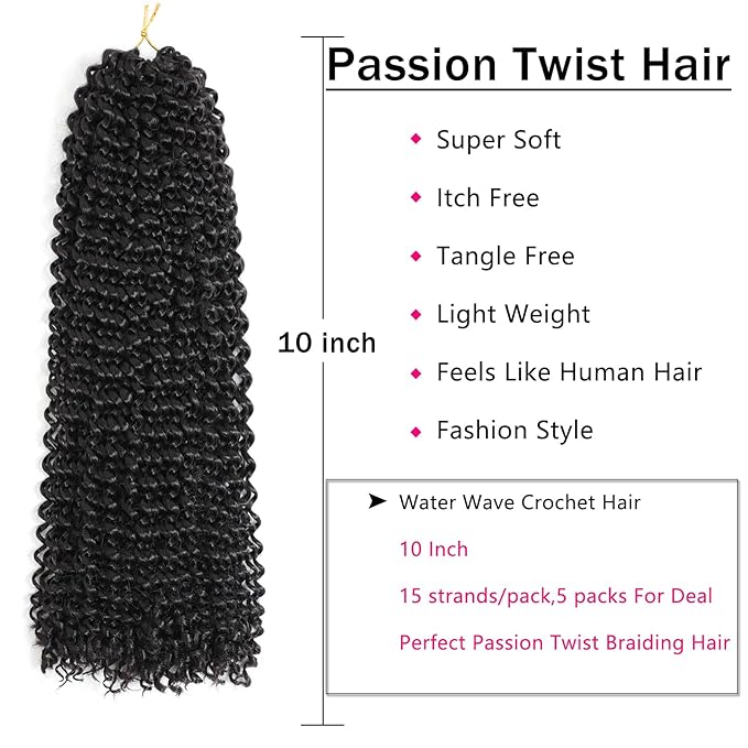 Short Passion Twist Hair,10 Inch 5 Packs Water Wave Crochet Hair Black Wrap Braiding Hair For Passion Twist Crochet Hair/Butterfly Locs/Spring Twist Crochet Hair Braids (10 Inch,5pcs,1B#)