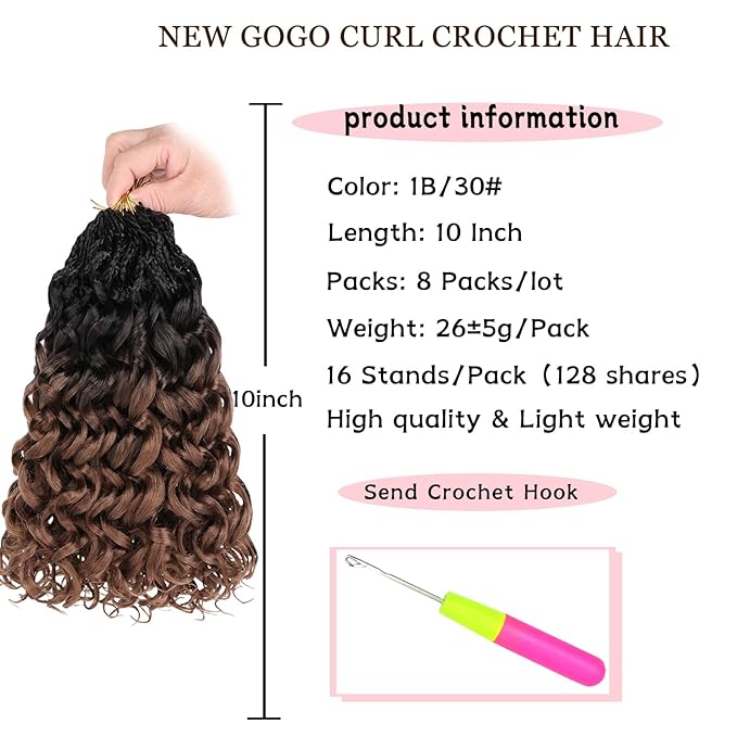 10 Inch Gogo Curl Crochet Hair 8 Packs Natural Black Ocean Wave Crochet Hair Deep Twist Pre-looped Goddess Box Braids Short Curly Water Wave Synthetic Braiding Hair for Women (16Strands/pack RS30#)