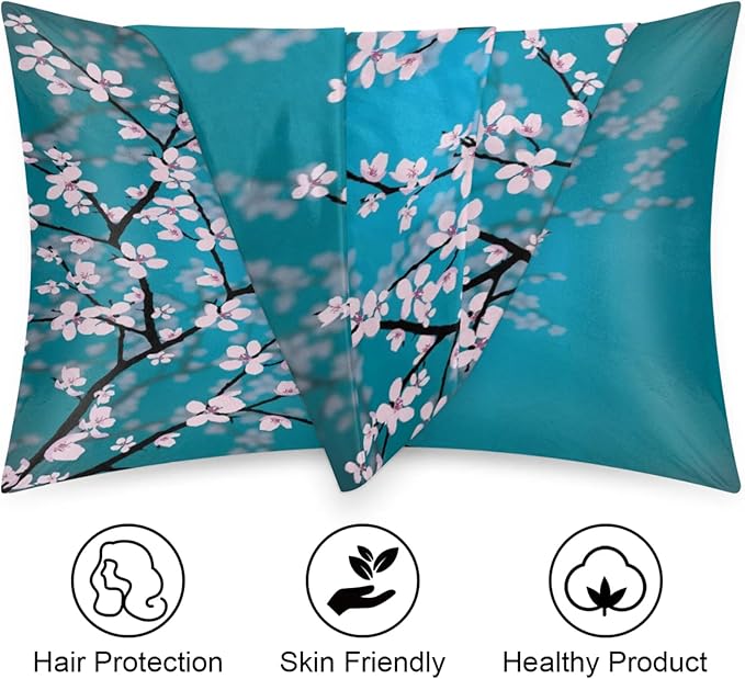 Cherry Blossom Silky Satin Pillowcase for Hair & Skin, Bed Pillow Cases with Hidden Zipper Soft Breathable Pillow Covers for Sleeping Queen Size, 20x30in