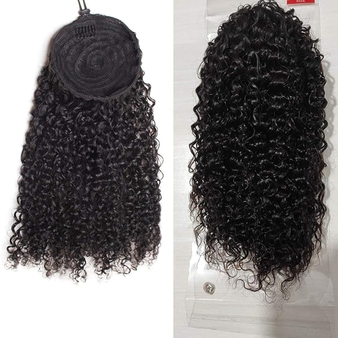 WENYU Kinky Curly Human Hair Drawstring Ponytail For Black Women 8A Brazilian Virgin Kinkys Curly Clip In Ponytail Extension Human Hair Pieces Natural Black (16 Inch, Kinky Curly Drawstring)