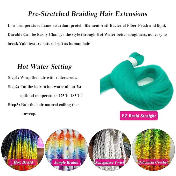 Mint Green Braiding Hair Pre Stretched Human Colored Hair Extensions for Braids 26 inch Prestretched Braiding Hair Kids Micro Box Braids (3 Packs)