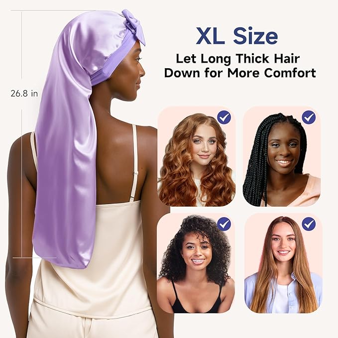 Umisleep Silk Bonnet for Sleeping Women, 22 Momme Mulberry Real Silk, Long Hair Bonnet for Braids & Curls to Reduce Frizz, Double Layer Hair Wrap with Soft Adjustable Tie Band, Purple