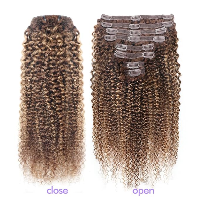 Curly Clip In Hair Extensions Real Human Hair Clip Ins Balayage Chocolate Brown to Caramel Blonde Human Hair Extensions 8Pcs with18clips 120g/Set (22 inch，#4/27/4)
