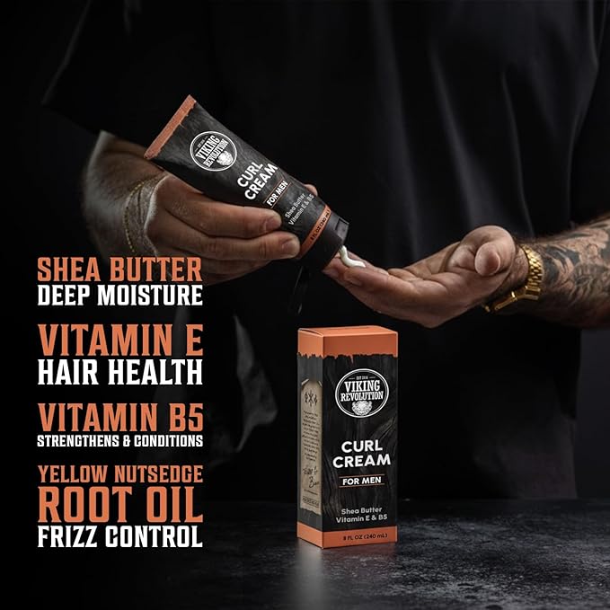 Viking Revolution Hair Curl Cream for Men - Sandalwood Curling Cream with Vitamin E & B5, Shea Butter - Styling Cream for Curly Hair to Enhance, Define and Shape Natural Curls and Wavy Hair (8fl oz)