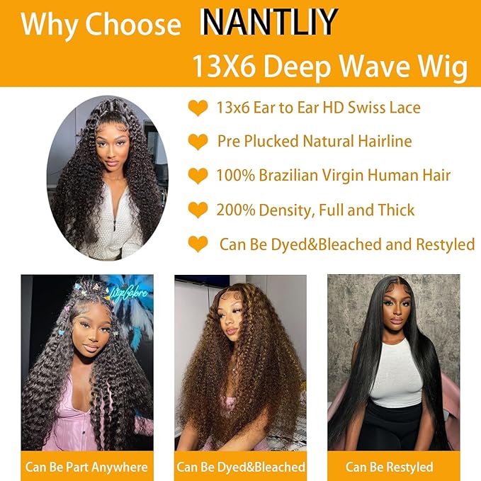 13x6 Deep Wave Lace Front Wigs - 200% Density HD Transparent Frontal Wigs - Glueless, Pre-Plucked with Baby Hair - Natural Black (30Inch)