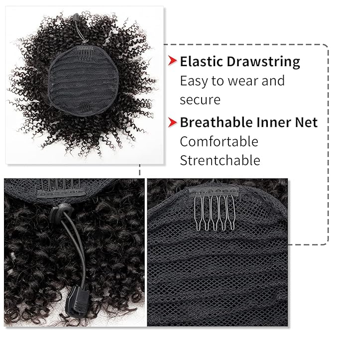 Natural Drawstring Ponytails Real Human Hair for African Black Women Girls Kids,short Afro Puffs Hair Buns Kinky Curly Hairpieces With 2 Stable Combs (8 Inch,#1B Natural Black)