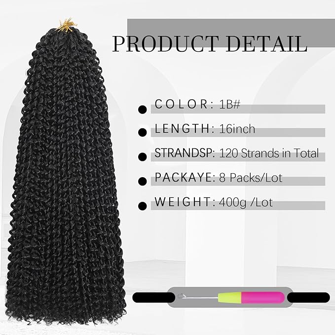 Passion Twist Hair 16 Inch 8 Packs Water Wave Crochet Braids Pre Looped Bohemian Braiding Hair Extensions for Black Women （1B Black#）