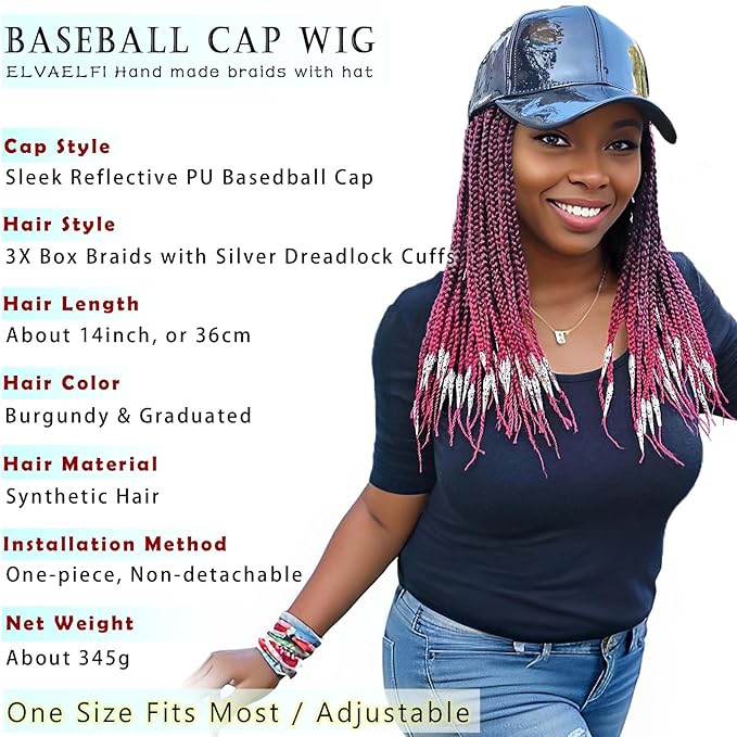 14" Box Braid Hair Extensions Burgundy w/Silver Clasps, PU Baseball Cap Wig for Women Girls Easy Wear