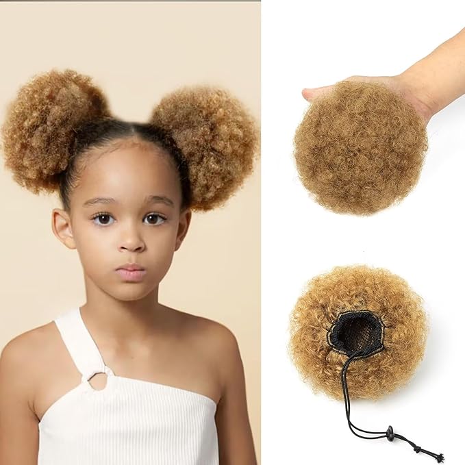 Afro Puff Ponytail for Black Women 100% Human Hair Ponytail Extension Short Updo Hair Buns Small Size Curly Ponytail for Little Girls 2 Clips 4 Inch Honey Blonde Color