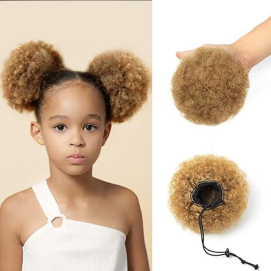 Afro Puff Ponytail for Black Women 100% Human Hair Ponytail Extension Short Updo Hair Buns Small Size Curly Ponytail for Little Girls 2 Clips 4 Inch Honey Blonde Color