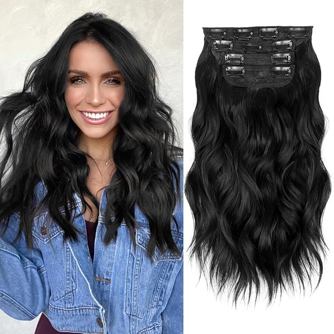 ALXNAN Clip in Long Wavy Synthetic Hair Extension 16 Inch Black 4PCS Thick Hairpieces Fiber Double Weft Hair for Women