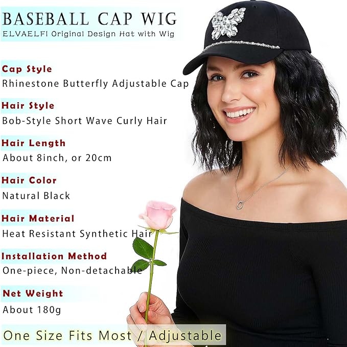 8-Inch Wavy Synthetic Hat Wig, Black Short Bob Wig for Women Ago, Baseball Cap with Hair Attached