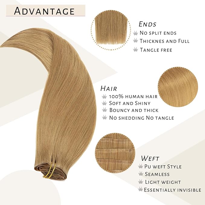 Caliee Seamless Clip in Human Hair Extensions 14Inch Color Caramel Blonde Ultra Thin PU Weft Remy Real Hair Straight Clip in Hair Extensions Silky Straight 110G