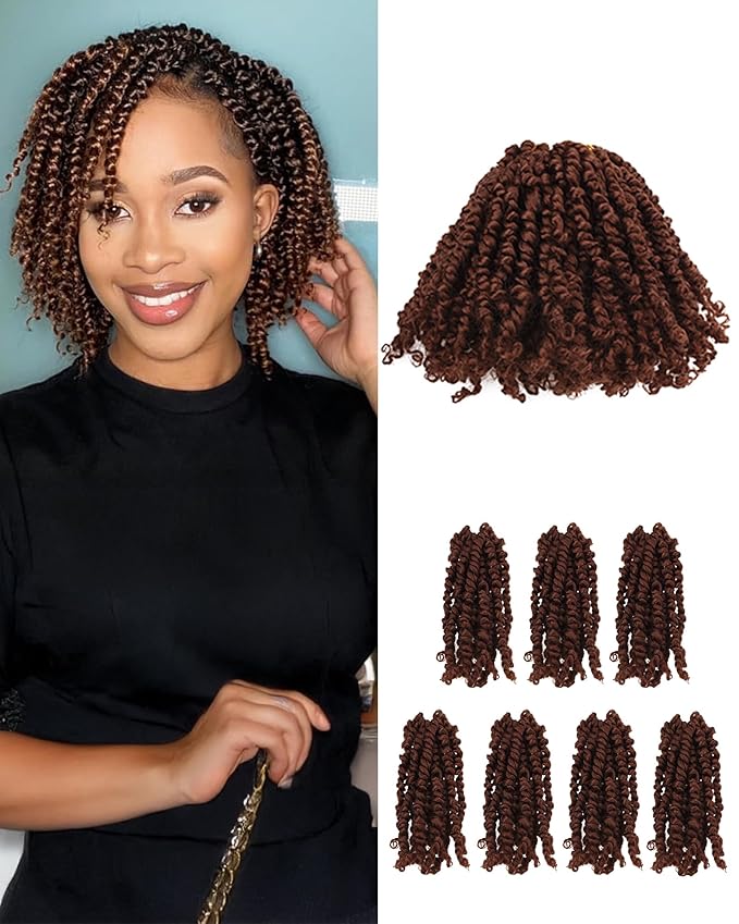Super Short Passion Twist Crochet Hair for Black Women and Kids-6 Inch 7 Packs Pure Brown Pre Looped Pre-twisted Passion Twist Hair,Bob Spring Kinky Twist Bohemian Curl(6"-7P,30#)
