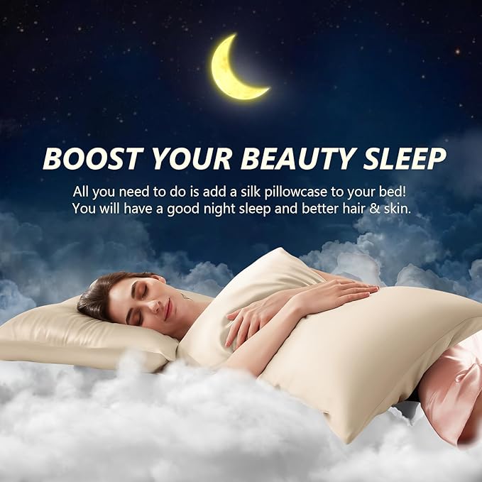 Silk Pillow Cases 2 Pack Queen Size Mulberry Silk Pillowcase Set of 2 for Hair and Skin 30 x 20 Inches 22 Momme Both Side Grade 6A Silk Soft Breathable Cooling with Hidden Zipper, Beige