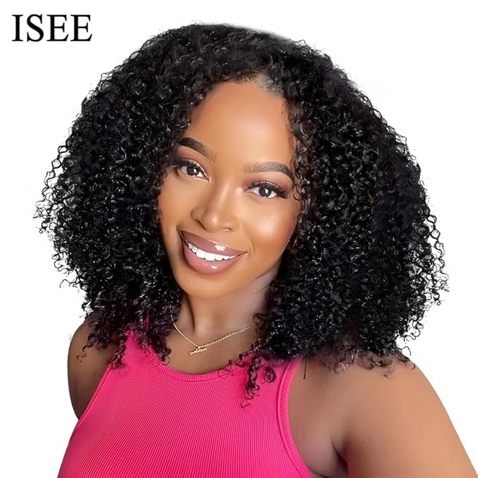 ISEE V Part Human Hair Kinky Curly Minimal/No Leave Out Upgrade U Part Wig for Black Women V Shape Kinky Curly Thin Part Glueless Clip In Half Wig 180% Density Natural Color 26 Inch