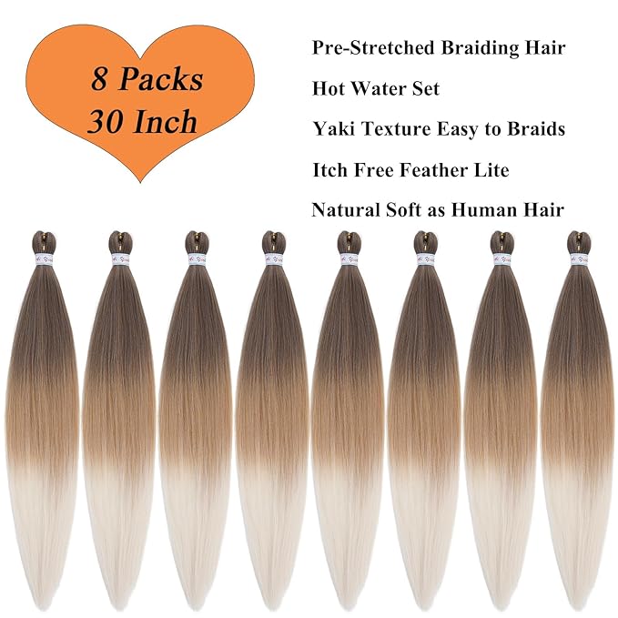 4/27/613 Blonde Ombre Braiding Hair Pre Stretched 30 Inch Long Braiding Hair Extensions for Braids Yaki Knotless Hypoallergenic Synthetic Crochet Box Braids 8 Packs