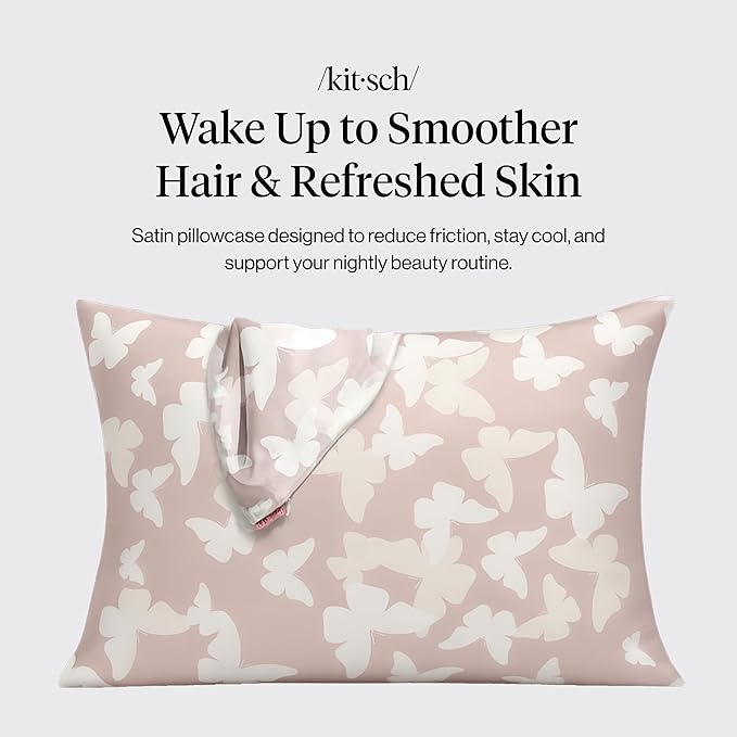 Kitsch Satin Pillowcase with Zipper for Hair & Skin, Softer Than Silk Pillow Cases Queen, Wrinkle-Free, Smooth and Cooling Satin Pillow Covers, Standard Size 19"x26", Champagne Butterfly
