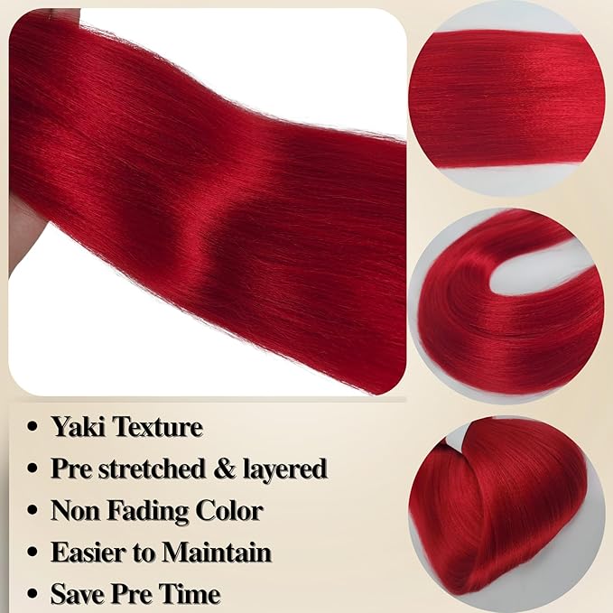 Red Pre Stretched Braiding Hair for Boho Braids Curly Hypoallergenic Braiding Hair Hot Water Setting Yaki for Bohemian Braids