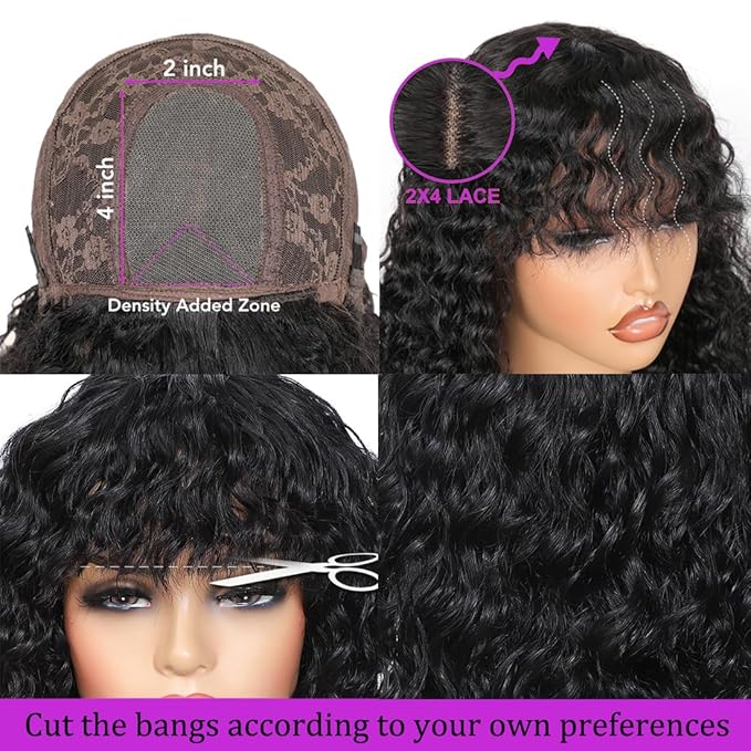 Curly Wig Human Hair With Bangs Real Human Hair Wigs For Women Wet And Wavy Wig Upgrade 2x4 HD Lace Curly Deep Wave Glueless Wigs Black Color 10inch