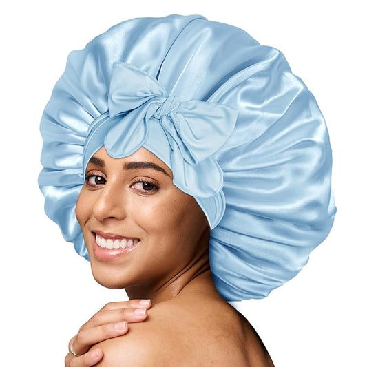 BONNET QUEEN Silk Bonnet for Sleeping Women Big Satin Bonnet Night Sleep Cap Wrap for Curly Hair with Adjustable Tie Band, Single Layer, Large, Light Blue