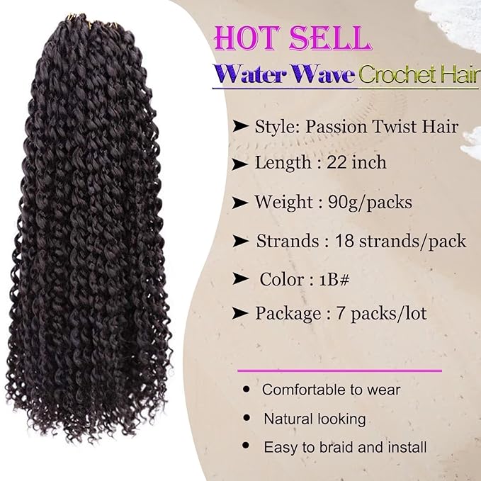 22inch Water Wave Crochet Hair - 7 Packs Passion Twists Hair for Black Women,Long Bohemian Curly Braiding Hair for Butterfly Locs,Faux Locs,Boho Style Crochet Braids Hair Extensions(1B#)