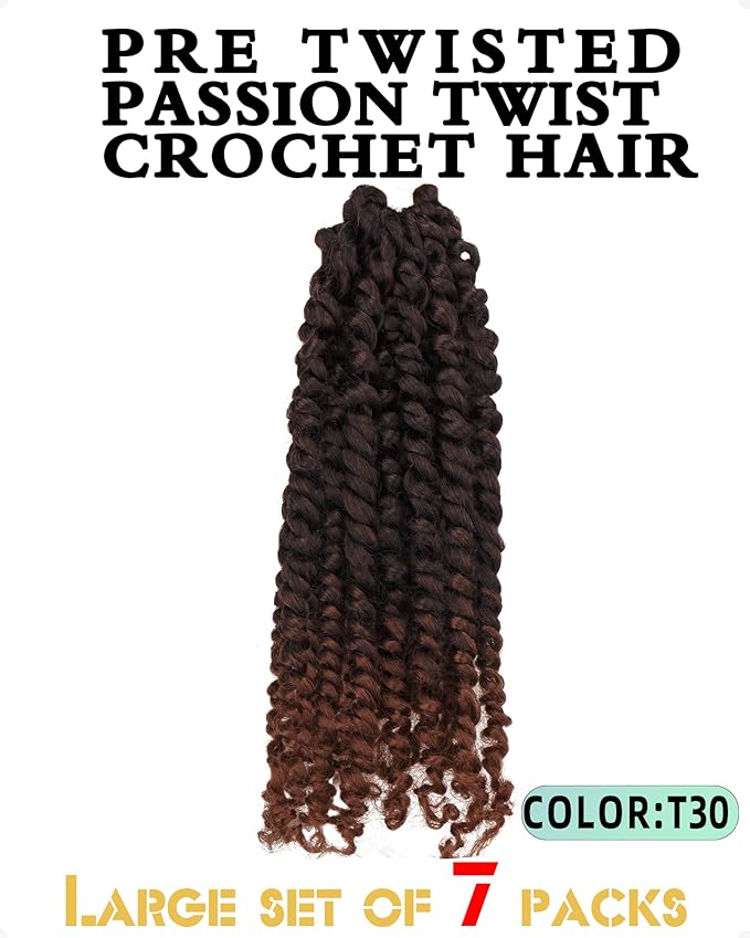 10 Inches 7 Packs Pre Looped Pretwisted Passion Twist Crochet Hair for Black Women and Kids-Ombre Brown,Soft Hair Extensions Braided by Synthetic Spring Kinky Twist Bohemian Curl(10"-7 Packs,T1B/30)
