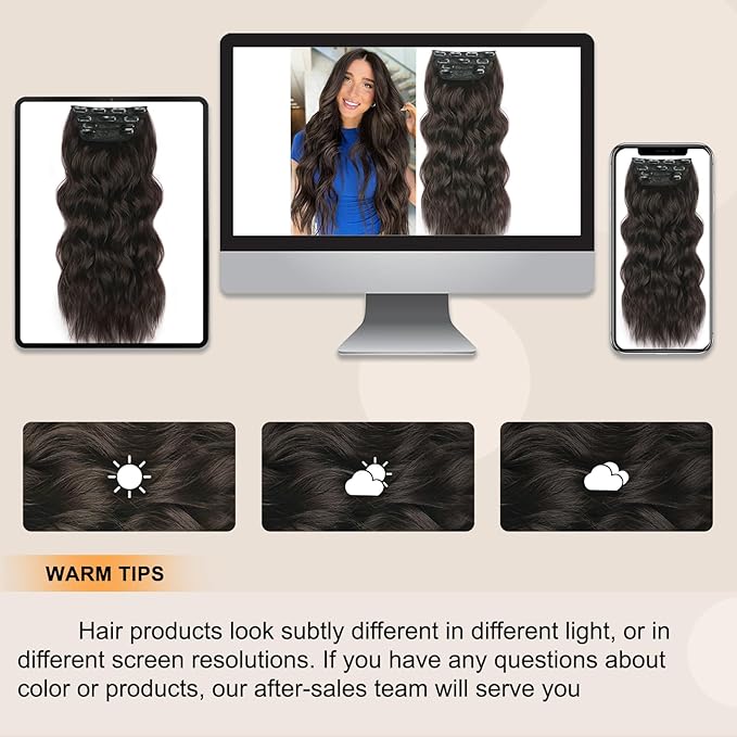 ALXNAN Clip in Long Wavy Synthetic Hair Extension 20 Inch Dark Brown 4PCS Thick Hairpieces Fiber Double Weft Hair for Women