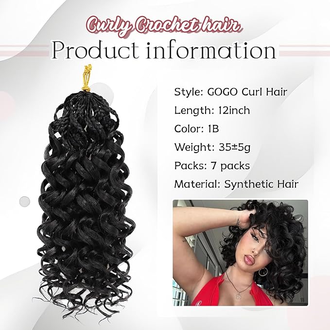 7 Packs Gogo Curl Crochet Hair for Women 12 Inch Pre-Twisted Curly Crochet Hair Pre Looped Deep Ocean Water Wave Beach Curl Crochet Braids Synthetic Braiding Hair Extensions (12 Inch, 1B)