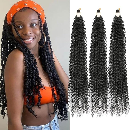 Curly Crochet Hair Extensions Black Passion Twist Braids 24Inch Long Curly Braiding Hair 3Packs Spring Crochet Braids Hair Extensions Goddess Box Braids for Black Women(24",1B)