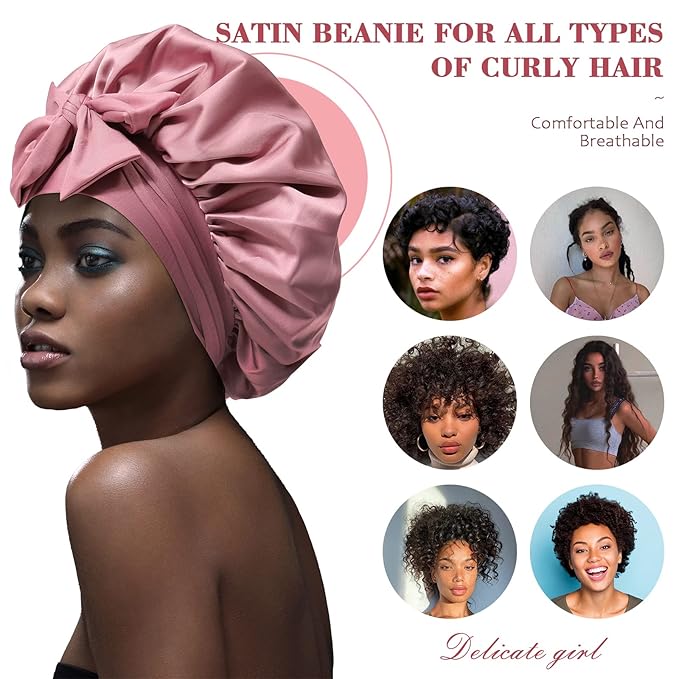 Satin Hair Bonnet Wide Band - Silk Like Sleeping Bonnets for Curly Hair Hair Wrap for Night Cap with Tie Band Breathable Satin Bonnet for Women and Girls (Dust Rose)