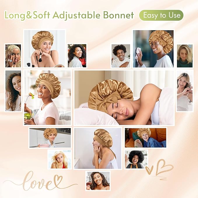 BONNET QUEEN Silk Bonnet for Sleeping Women Satin Bonnet Night Sleep Cap Wrap for Curly Hair with Adjustable Tie Band,Gold