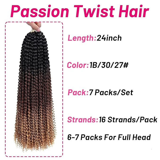 Dorsanee Ombre Passion Twist Hair 24 Inch 7 Packs Water Wave Crochet Hair Long Bohemian Curly Braiding Hair for Butterfly Locs, Faux Locs, Boho Style Spring Twist Crochet Braids (1B/30/27#)