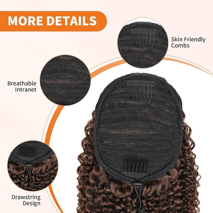 Afro Kinky Curly Ponytail Human Hair 150% Density Brazilian Virgin Hair 4C Afro Puff Drawstring Ponytail Extension for Black Women Dark Brown Color （22 Inch 4#）