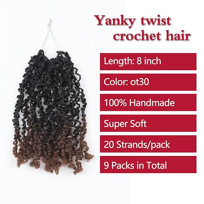 Yanky Twist Crochet Hair, PILLUGER Yaki Twists Hair Micro Spring Twist Braids,9 Packs Pre-looped passion Twist Brown Senegalese With Curls Crochet Synthetic Hair Extensions(OT30)