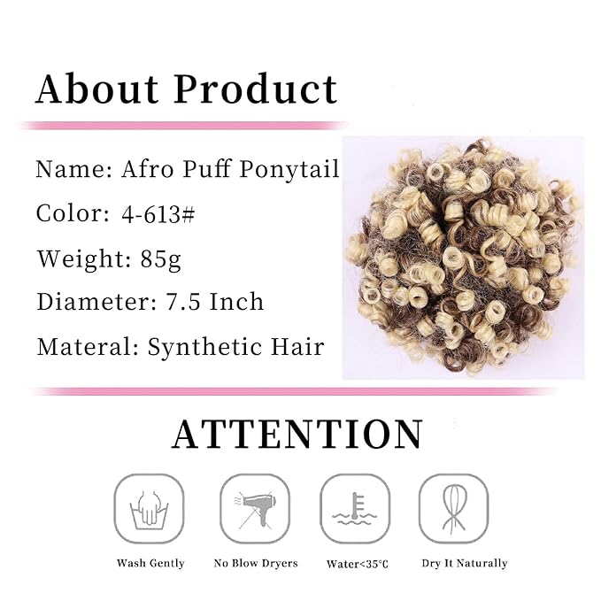 Afro Puff Ponytail for Black Women Culy Wavy Short Drawstring Ponytail Extension Synthetic Hairpieces Mini Afro Bun(4/613#)